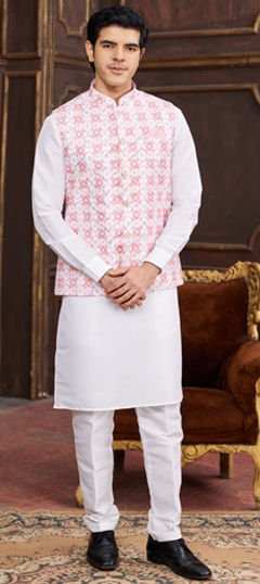 White and Off White color Kurta Pyjama with Jacket in Art Silk fabric with Digital Print, Sequence work