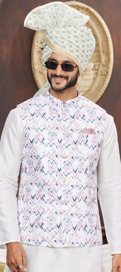 Multicolor color Nehru Jacket in Art Silk fabric with Digital Print, Sequence work