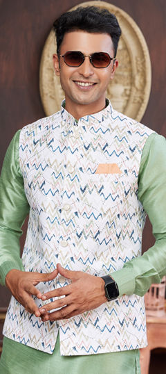 Blue color Nehru Jacket in Art Silk fabric with Digital Print, Sequence work