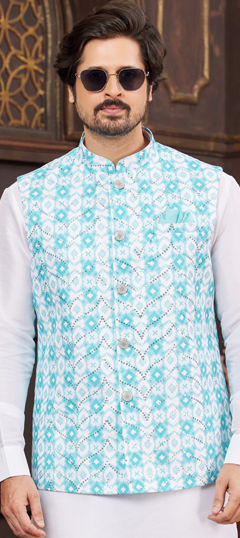Blue color Nehru Jacket in Art Silk fabric with Digital Print, Sequence work