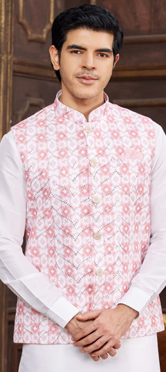 Multicolor color Nehru Jacket in Art Silk fabric with Digital Print, Sequence work