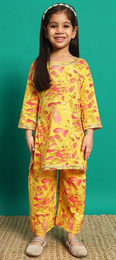 Yellow color Boys Kurta Pyjama in Cotton fabric with Floral, Printed work