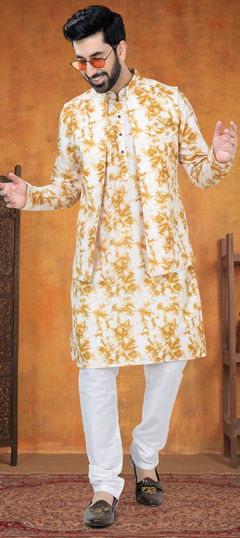 Yellow color Kurta Pyjama with Jacket in Cotton fabric with Printed work