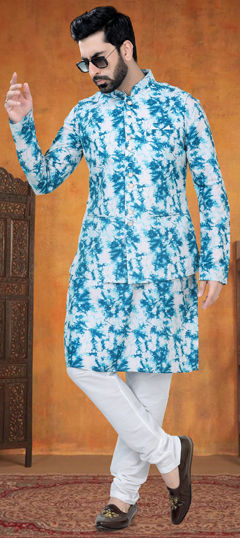 Blue color Kurta Pyjama with Jacket in Cotton fabric with Printed work