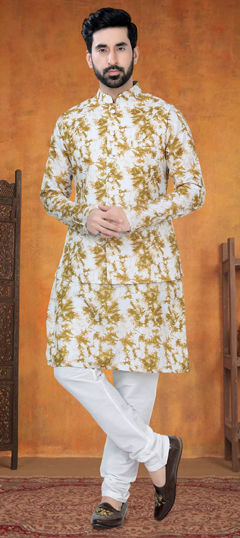 Yellow color Kurta Pyjama with Jacket in Cotton fabric with Printed work