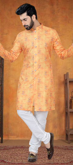 Orange color Kurta Pyjamas in Cotton fabric with Printed work