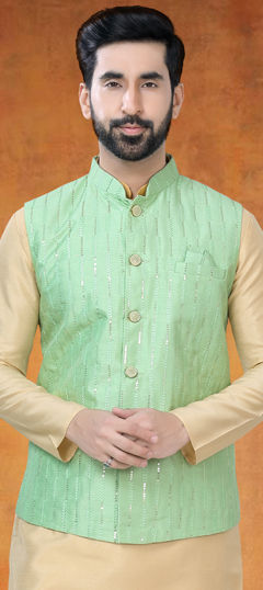 Beige and Brown color Nehru Jacket in Silk fabric with Embroidered, Sequence work