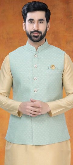 Green color Nehru Jacket in Jacquard fabric with Printed work