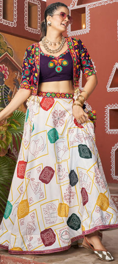White and Off White color Ready to Wear Lehenga in Silk fabric with Embroidered, Mirror, Printed work
