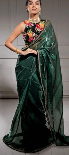 Party Wear, Traditional Green color Saree in Organza Silk fabric with Classic Embroidered, Thread work : 1968196