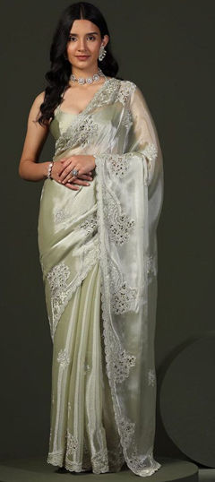 Green color Saree in Organza Silk fabric with Embroidered, Thread work