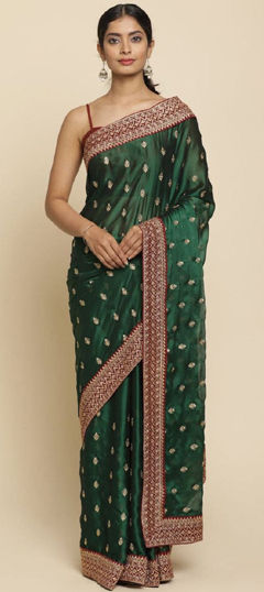 Green color Saree in Silk fabric with Embroidered, Thread work