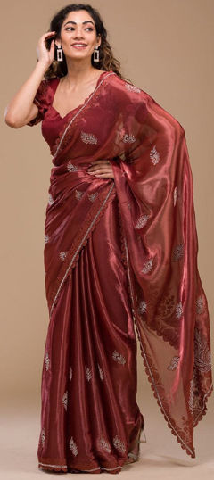 Red and Maroon color Saree in Silk fabric with Embroidered, Thread work