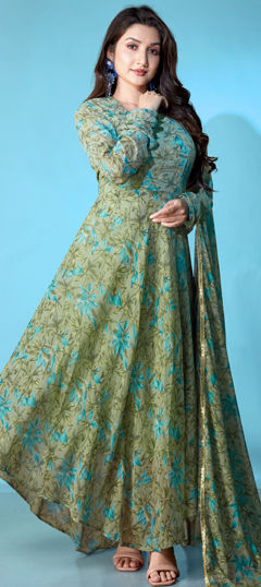 Green color Gown in Georgette fabric with Floral, Printed work