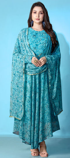 Blue color Gown in Georgette fabric with Floral, Printed work