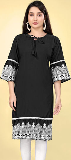 Black and Grey color Kurti in Cotton fabric with Embroidered, Thread work