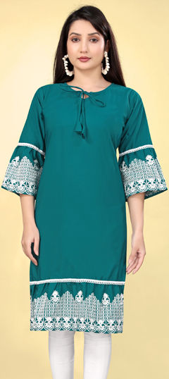 Blue color Kurti in Cotton fabric with Embroidered, Thread work