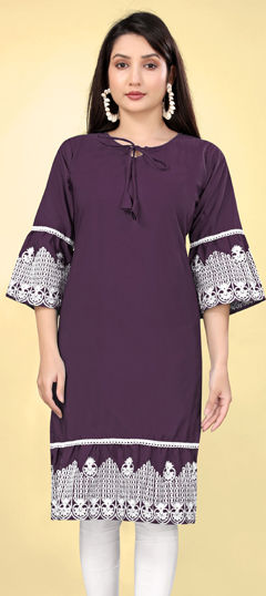 Purple and Violet color Kurti in Cotton fabric with Embroidered, Thread work