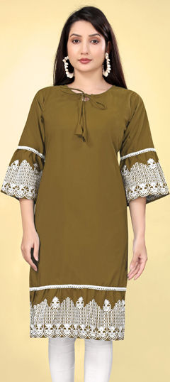 Green color Kurti in Cotton fabric with Embroidered, Thread work