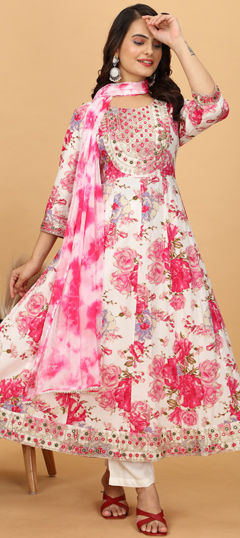 Festive, Party Wear Pink and Majenta, White and Off White color Salwar Kameez in Rayon fabric with Anarkali Floral, Printed work : 1968263