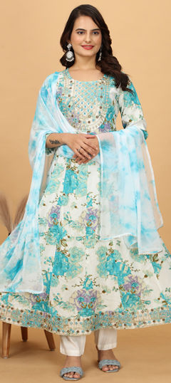 Festive, Party Wear Blue, White and Off White color Salwar Kameez in Rayon fabric with Anarkali Floral, Printed work : 1968264