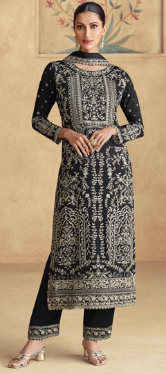 Black and Grey color Salwar Kameez in Silk fabric with Embroidered, Resham, Thread work