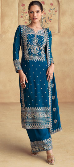 Blue color Salwar Kameez in Silk fabric with Embroidered, Resham, Thread work