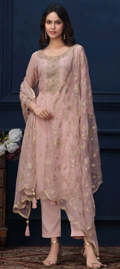 Pink and Majenta color Salwar Kameez in Organza Silk fabric with Embroidered, Thread, Zari work