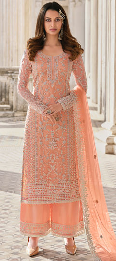 Pink and Majenta color Salwar Kameez in Net fabric with Embroidered, Stone, Thread work