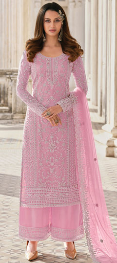 Pink and Majenta color Salwar Kameez in Net fabric with Embroidered, Stone, Thread work