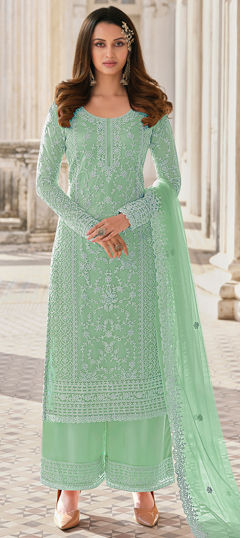 Green color Salwar Kameez in Net fabric with Embroidered, Stone, Thread work