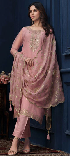 Pink and Majenta color Salwar Kameez in Organza Silk fabric with Embroidered, Thread, Zari work