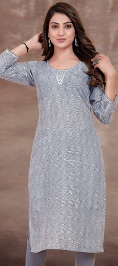 Black and Grey color Kurti in Rayon fabric with Printed work