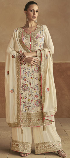 Beige and Brown color Salwar Kameez in Silk fabric with Embroidered, Mirror, Sequence, Thread work
