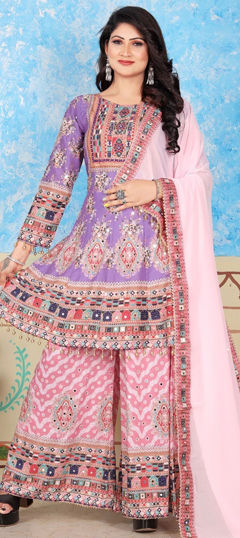 Reception, Wedding Multicolor color Salwar Kameez in Cotton fabric with Anarkali, Palazzo Mirror, Thread work : 1968522