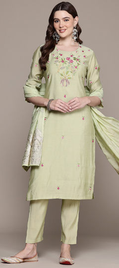 Green color Salwar Kameez in Muslin fabric with Embroidered, Resham, Thread work