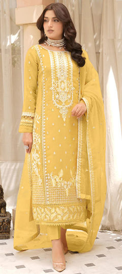 Festive, Party Wear Yellow color Salwar Kameez in Organza Silk fabric with Pakistani, Straight Embroidered, Mirror, Sequence work : 1968566