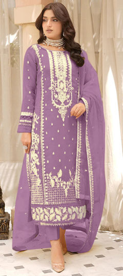 Festive, Party Wear Purple and Violet color Salwar Kameez in Organza Silk fabric with Pakistani, Straight Embroidered, Mirror, Sequence work : 1968567