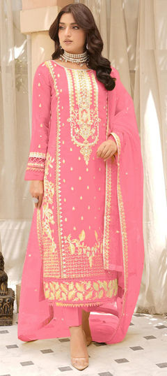 Festive, Party Wear Pink and Majenta color Salwar Kameez in Organza Silk fabric with Pakistani, Straight Embroidered, Mirror, Sequence work : 1968571