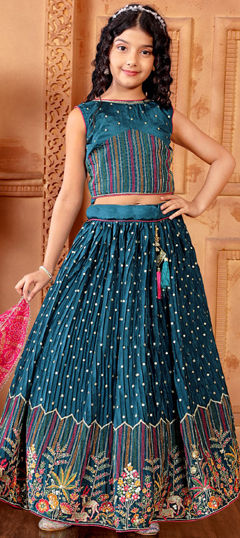 Party Wear Blue color Kids Lehenga in Art Silk fabric with Embroidered, Sequence, Thread, Zari work : 1968612