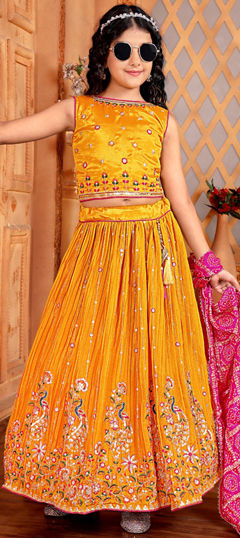 Party Wear Yellow color Kids Lehenga in Art Silk fabric with Embroidered, Sequence, Thread, Zari work : 1968613