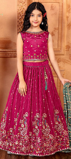 Party Wear Pink and Majenta color Kids Lehenga in Art Silk fabric with Embroidered, Sequence, Thread, Zari work : 1968615