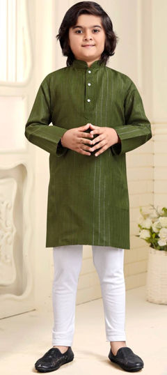 Green color Boys Kurta Pyjama in Cotton fabric with Weaving work