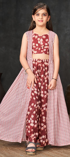Beige and Brown color Girls Top with Bottom in Muslin fabric with Digital Print work