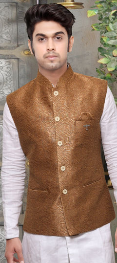 Beige and Brown color Nehru Jacket in Brocade fabric with Printed work