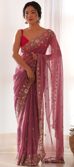 Festive, Traditional Pink and Majenta color Saree in Organza Silk fabric with Classic Embroidered, Resham, Thread work : 1968688