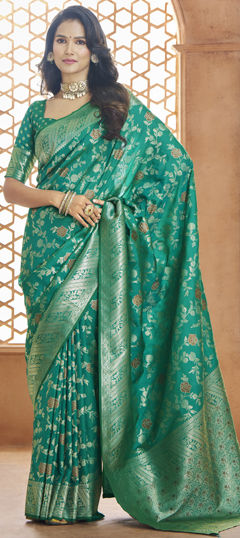 Green color Saree in Banarasi Silk fabric with Weaving, Zari work