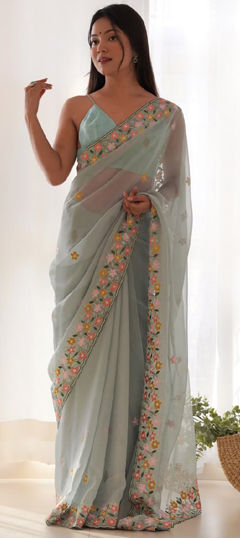 Festive, Traditional Green color Saree in Organza Silk fabric with Classic Embroidered, Resham, Thread work : 1968692