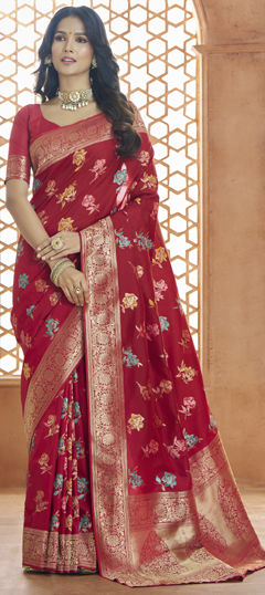 Red and Maroon color Saree in Banarasi Silk fabric with Weaving, Zari work