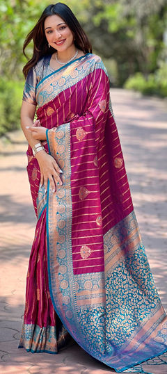 Pink and Majenta color Saree in Silk fabric with Weaving, Zari work